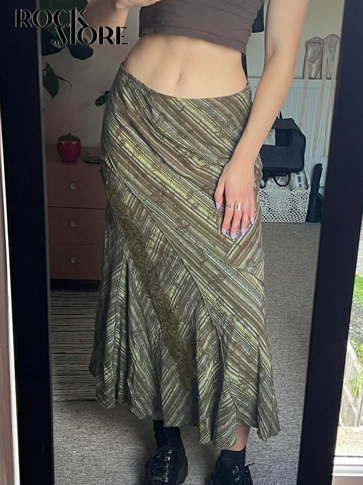 

Rockmore Vintage Print Long Skirt Low Waist Women Y2K Aesthetics Green Midi Skirts Harajuku 2000s Grunge Fairycore Outfits New
