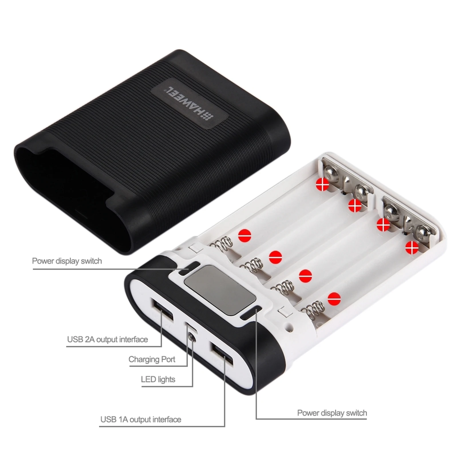 Battery storage box power bank case battery power bank box HAWEEL DIY 4 x 18650 battery (not included) 10000mAh with 2 x USB output & display for all smartphones
