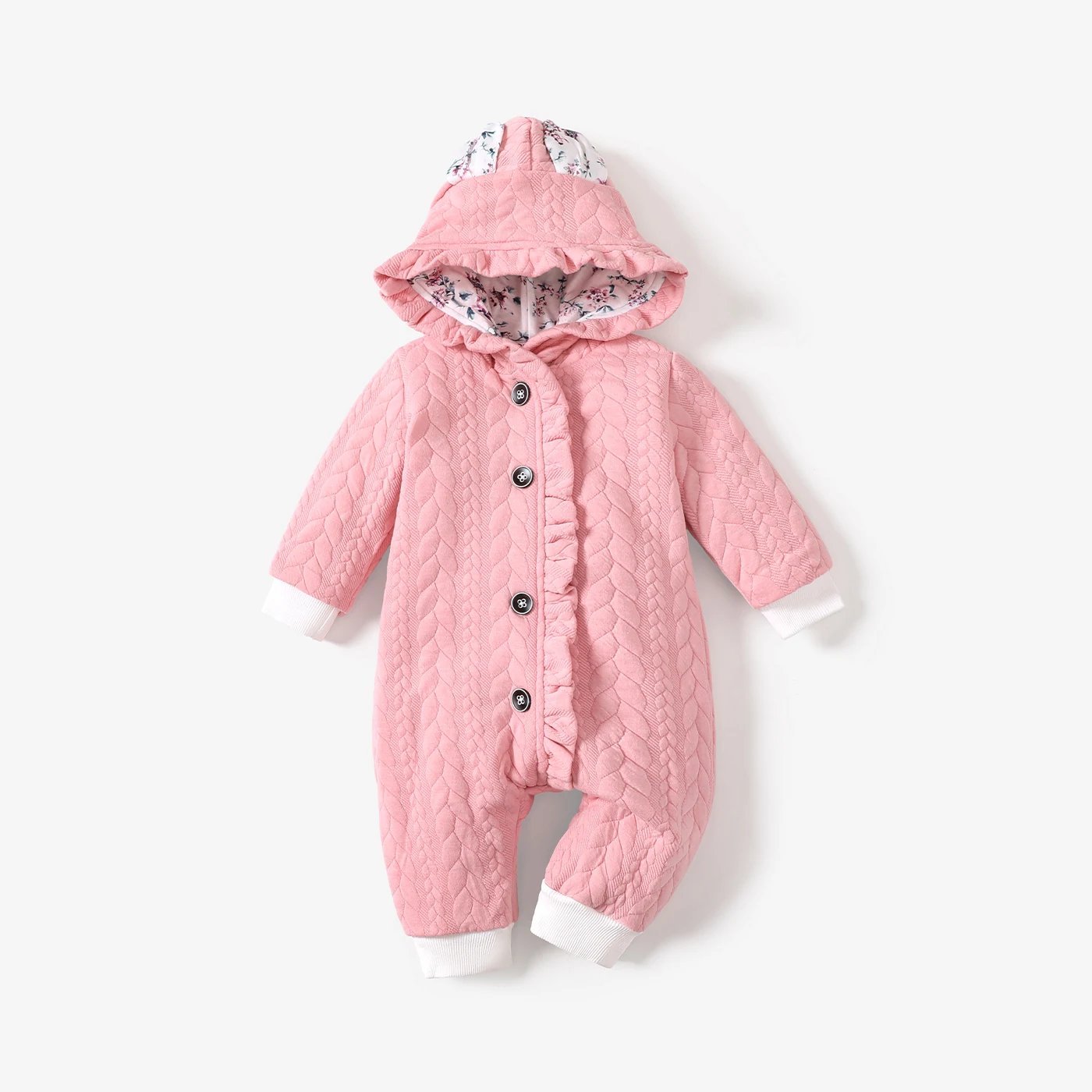 

PatPat 3D Ears Hooded Long-sleeve Ruffle Pink Thickened Lined Baby Jumpsuit