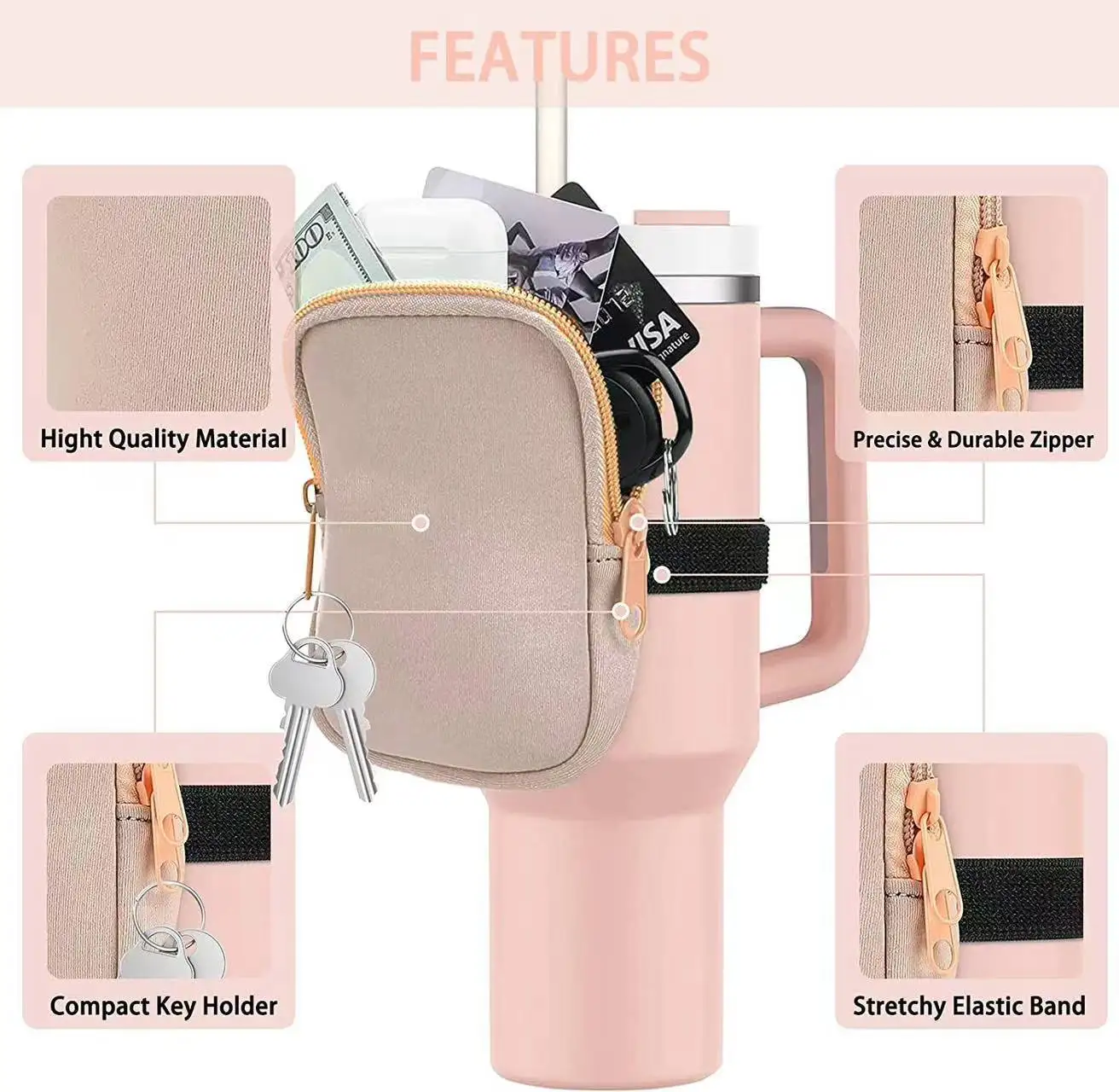 Per Stanley Cup accessori custodia per bottiglia d'acqua per 40oz 20oz 30oz portafoglio con cerniera per donna accessori da palestra borsa portatile da corsa  15