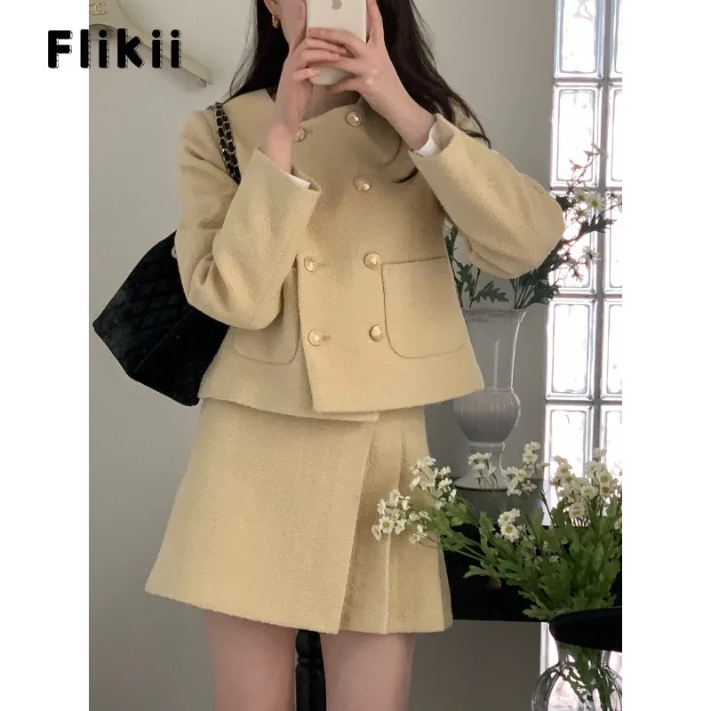 

2023 Autumn Elegant Sexy Solid Color 2 Piece Set Women Long Sleeve Double Breasted Coat + A-line Skirt Sweet Two Piece Skirt Set