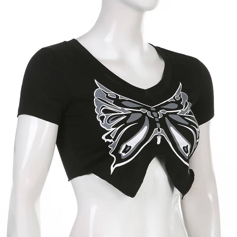 HEYounGIRL Butterfly Print Women Crop T-shirt Gothic Black Short Sleeve High Street O Neck Tee shirts Harajuku Fashion Tops Lady