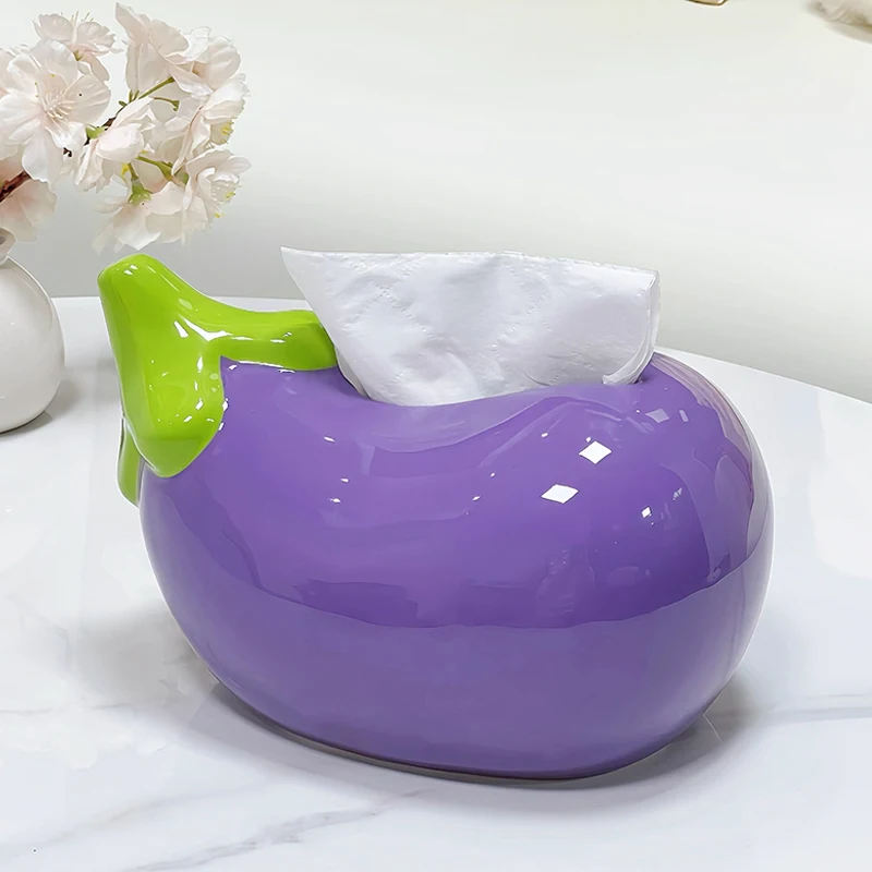 Ceramic Durian Apple Eggplant Shaped Tissue Box, Creative Light Luxury Napkin Box Home Living Room Bedroom Hotel Decoration, 1Pc