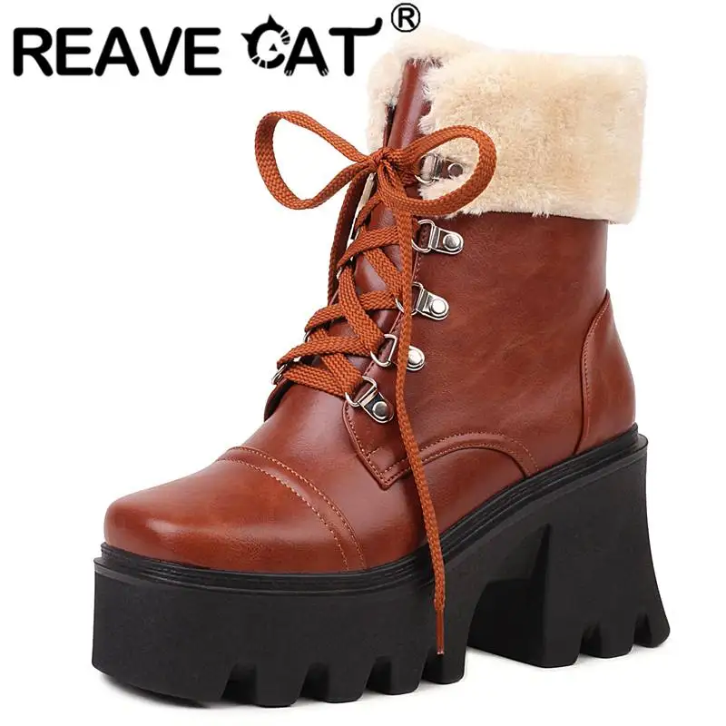 

REAVE CAT Women Boots Mid-Calf 14.5cm Square Toe Chunky Heel 8cm Platform 4cm Lace-up Big Size 35-43 Warm Fur Casual Daily S4209