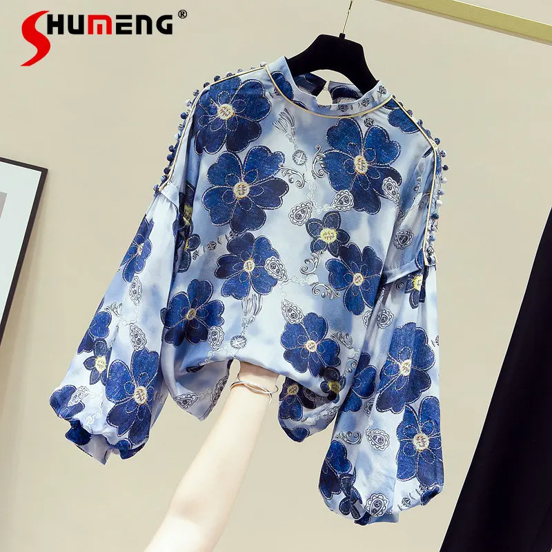 

Female 2023 Spring New Fashion Simple Elegant Lantern Sleeve Silk Shirt Women's Elegant Trendy Printed Pullover Blouses Top