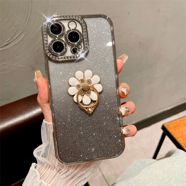 Luxury Plating Flash Diamond Frame Glitter Phone Case with Holder Stand Cover