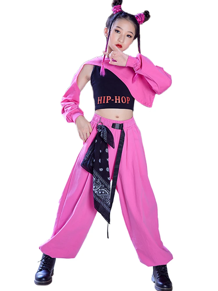 Modern Jazz Dance Costume Hip Hop Girls Clothes Crop Tops Black Pants Long  Sleeved Kpop Performance Outfit Kids Stage We size 140cm Color Vest And  Tops 2pcs