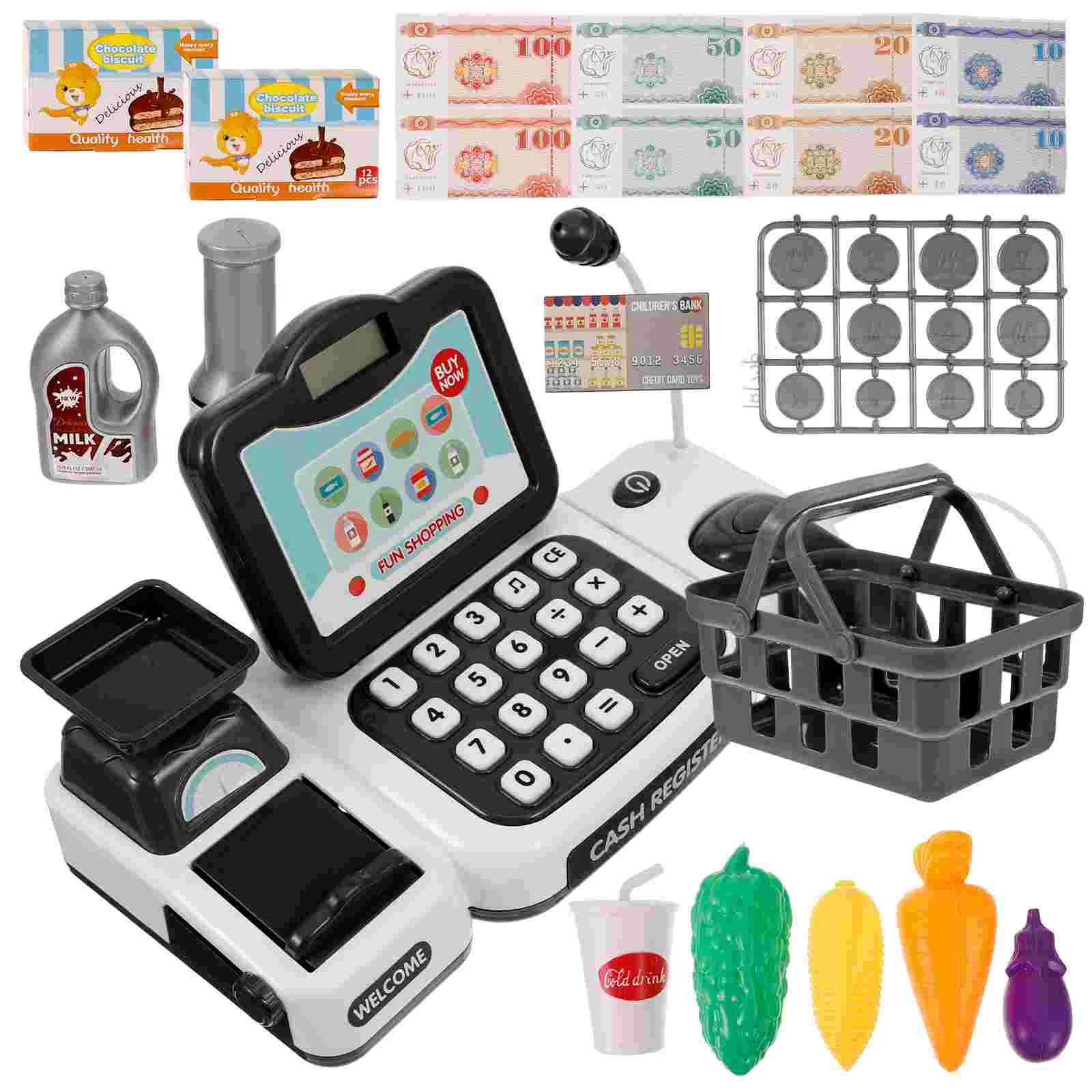 Gray Children Cash Register Toy Calculator Kids Toy Set Emulation Cash Register Simulation Calculator Pretend Play Money Bank