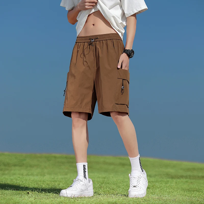 Solid Color Men's Summer Drawstring Pockets Elastic High Waisted Fashionable Clothing Sports Pants Straight Vacation Shorts