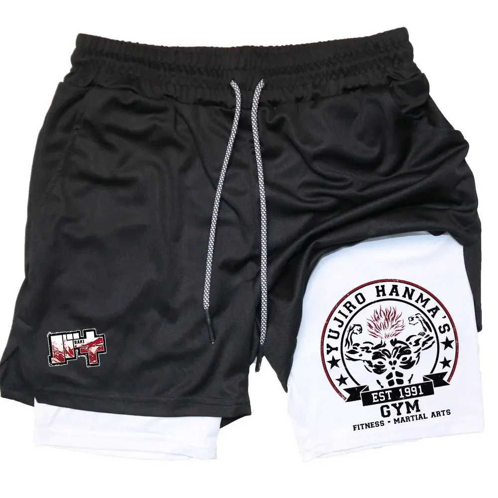 2024Anime Baki 2-in-1 Gym Performance Short Mens Athletic Compression Shorts Quick Dry Stretch Workout Fitness Running Sportwear 6