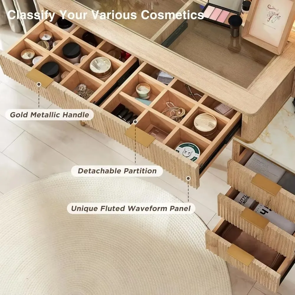 Vanity Desk with 36" HD Lighted Mirror,48" Big Modern Vanity Desk with Mirror and Lights,Dressing Table with 5 Drawers & Shelves 4