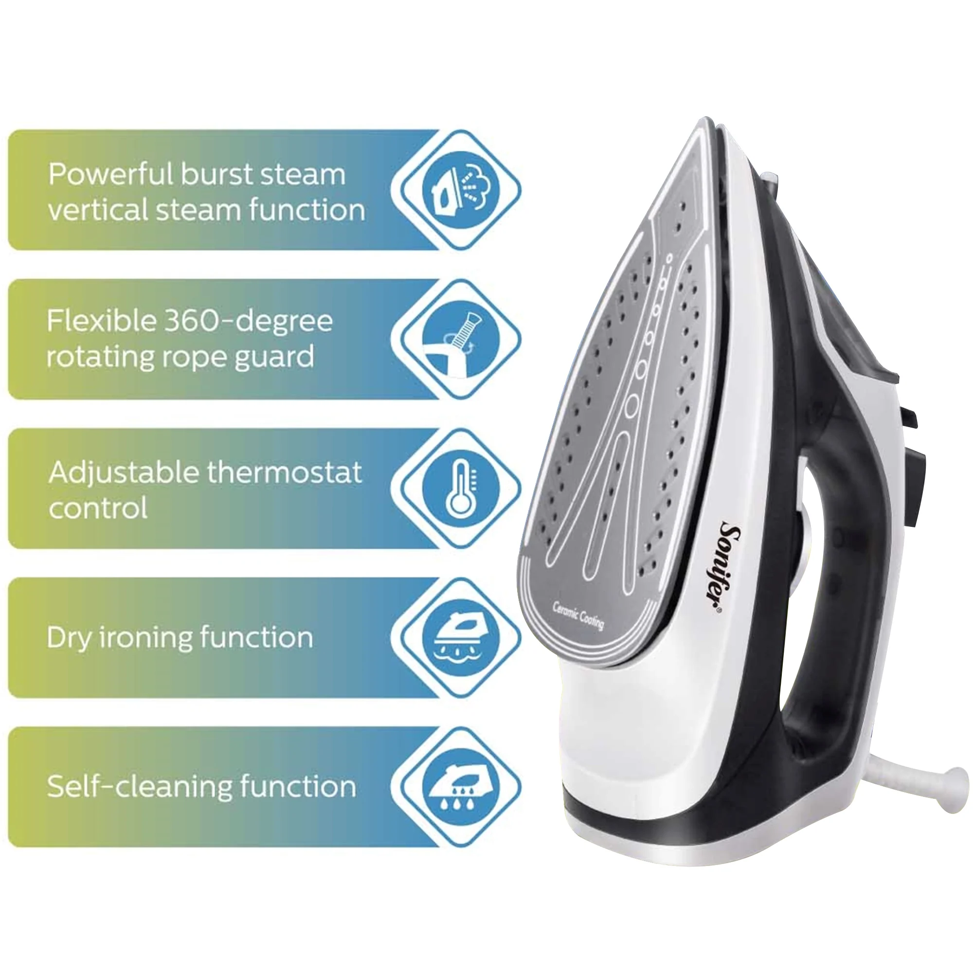 Sonifer Electric Steamer Iron SF-9080 .Dry ironing function .Nebulizer steam function .Powerful burst steam vertical steam funct 2