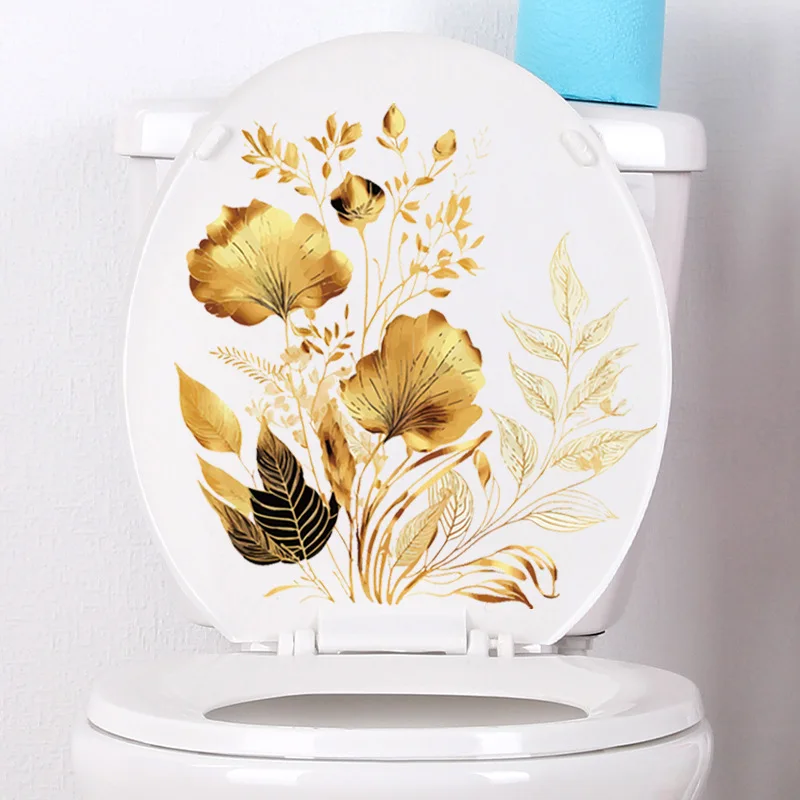 Creative Golden Flower Stickers Toilet Stickers Bathroom Door Wall Wallpaper Self Adhesive Decorative Washroom Vinyl Decals
