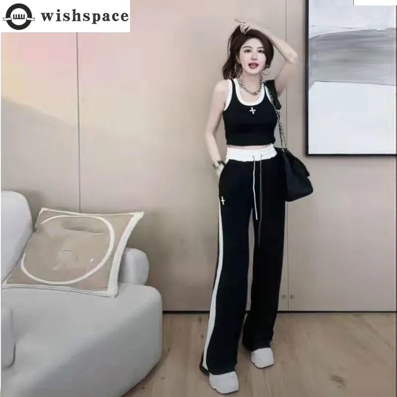 Fashion Set Summer New Print Sleeveless Tank Top T-shirt+Casual Wide Leg Pants and Long Pants Two Piece Set for Women