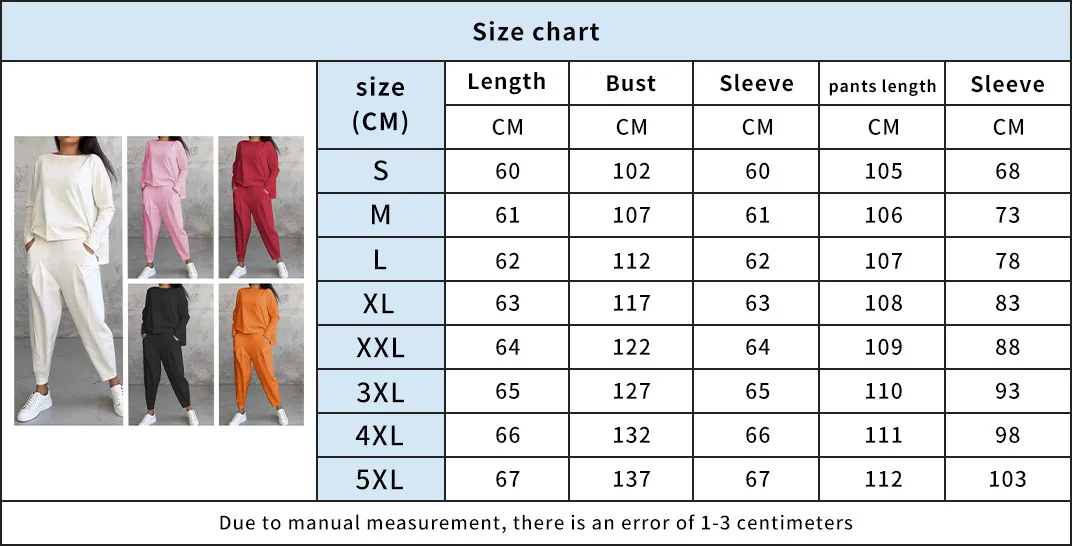Women’s trousers suit – 2-piece O-neck long sleeve T-shirt with solid color loose trousers and pockets chart