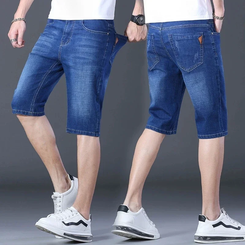 Men'S Blue Black Trendy Denim Shorts Summer New Business Casual Stretch Straight Cowboy Shorts  Male Brand Slim Pants