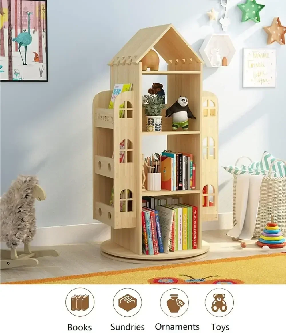 New2025-Rotating Bookshelf 360 Display Floor Standing Bookcase Storage Rack Children's Bookshelf, Wood Book Shelf Organizer Stan