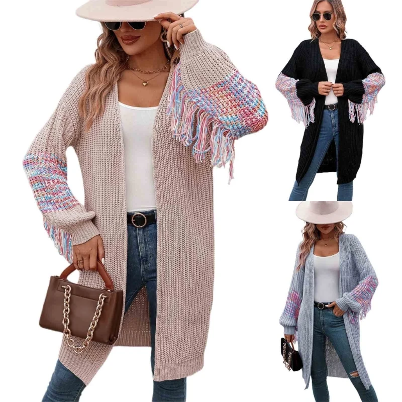 

Womens Long Cardigans Cable Knitted Open Front Oversized Tassels Patchwork Outerwear Sweater Coat Knitwear N7YD