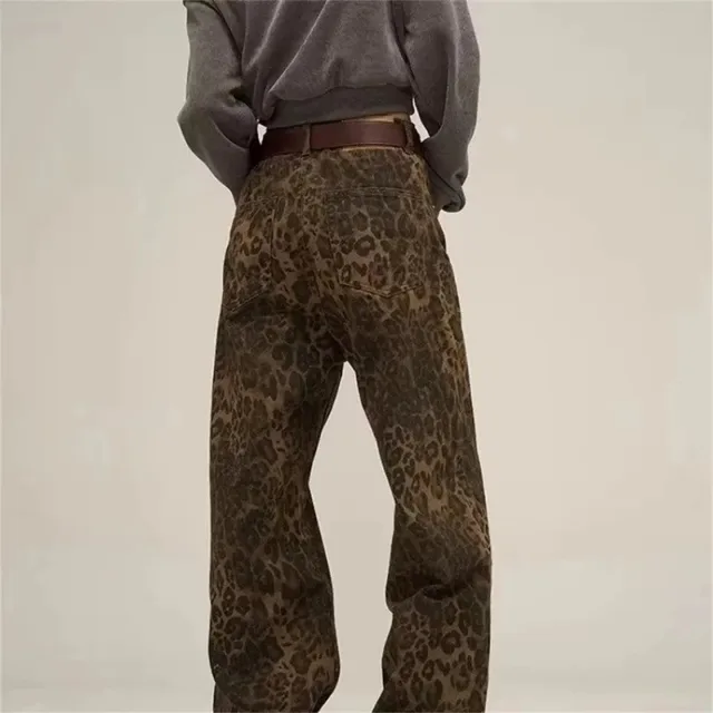 Tan léopard jean femmes Denim pantalon femme surdimensionné jambe large pantalon Streetwear Hip Hop Vintage vêtements ample décontracté 2