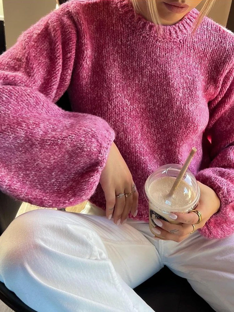 Pull Vintage à Manches sulfet Col Rond pour Femme, Vêtement Chic de Couleur Unie, à la Mode, 2023