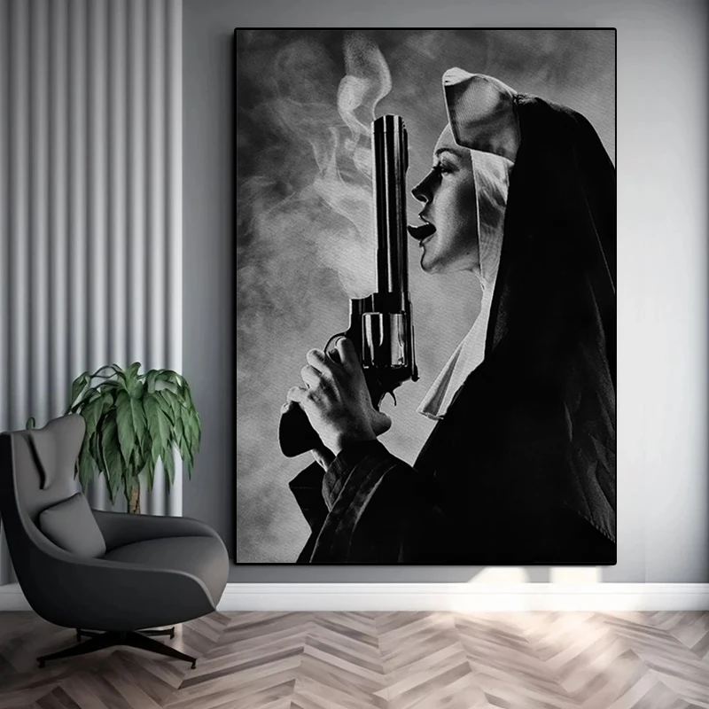 

Funny Nuns Canvas Painting Nun with Gun Black and White Character Wall Art Pictures Posters Prints for Home Living Room Decor
