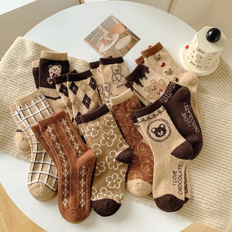 Wool Socks Kawaii Women Tube Socks Autumn and Winter Thickened Warm Harajuku Cartoon Grid Bear School Cute Style Socks