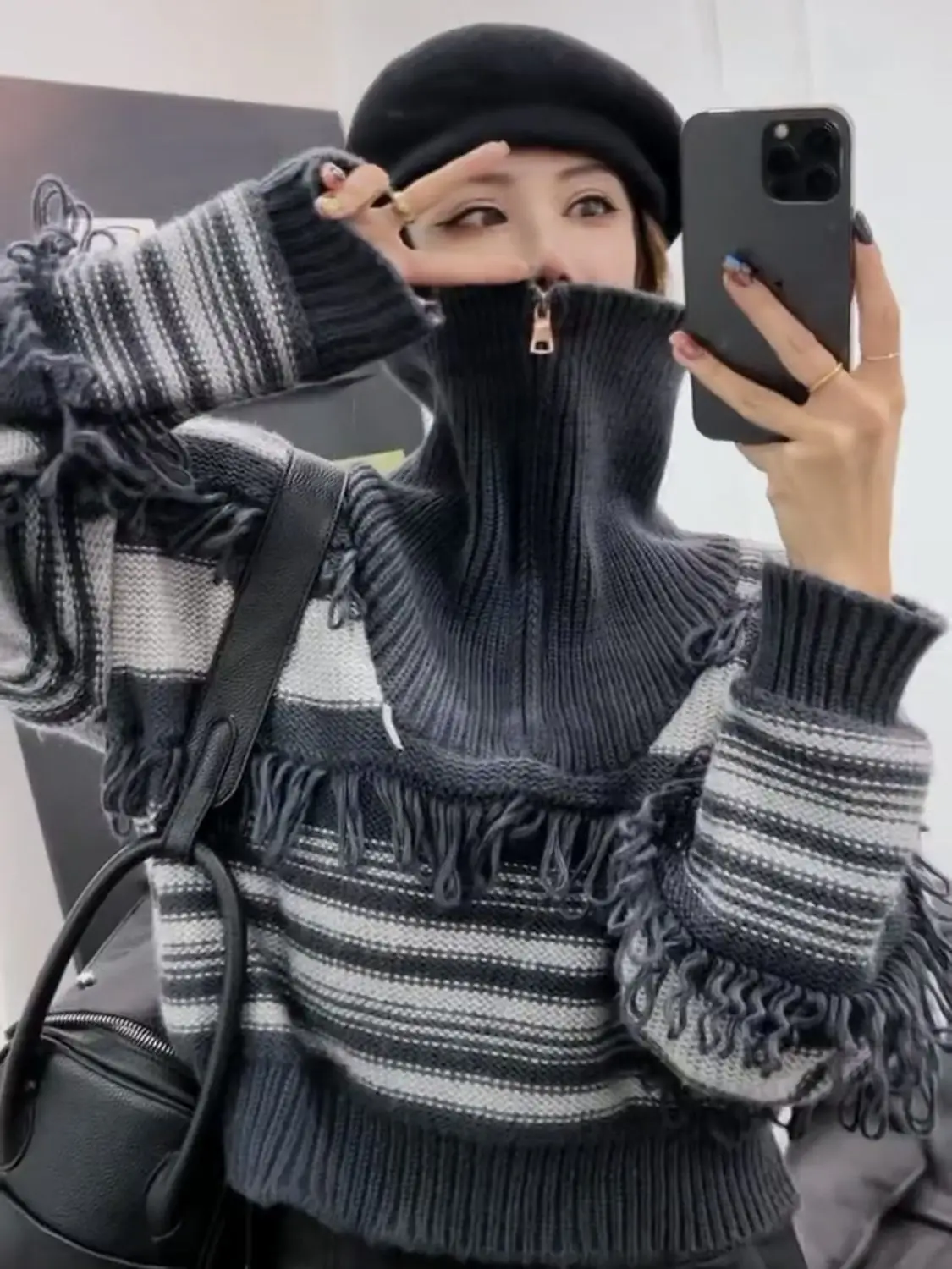 

Turtleneck Sweater Zip Up Turn-Down Collar Pullover Top Knitwear Striped Tassel Knitted Sweater Vintage Clothes Korean Fashion