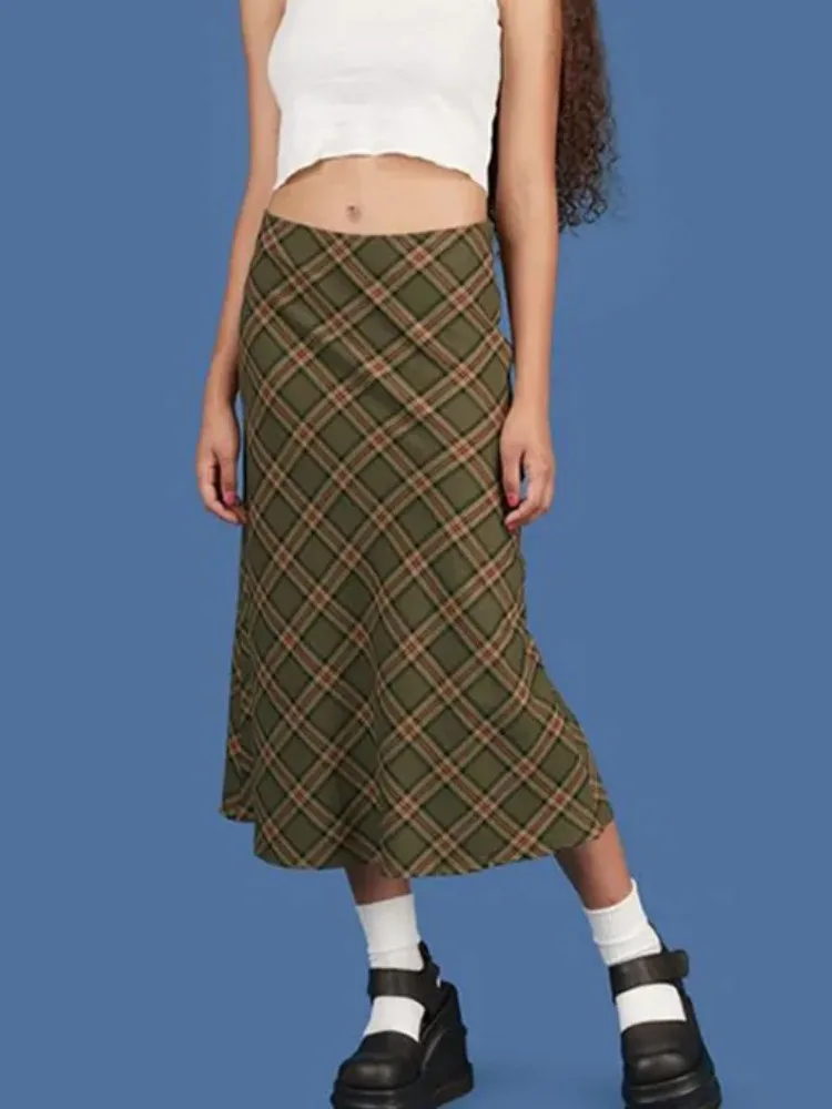 DEEPTOWN Y2k Vintage Long Plaid Skirt Women Low Waist A-line Slim 90s Streetwear Sexy Midi Skirt Autumn Gyaru Fashion