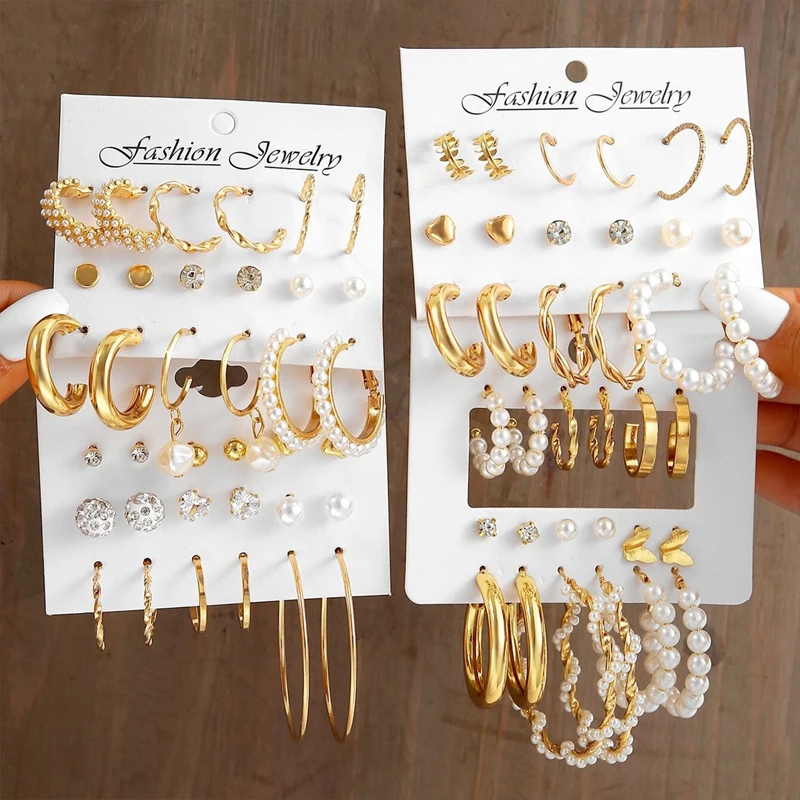 

New Gold Color Big Circle Hoop Earring Set for Women Fashion Bohemia Vintage Pearl Earring Heart Zircon Ear Studs Jewelry Gifts