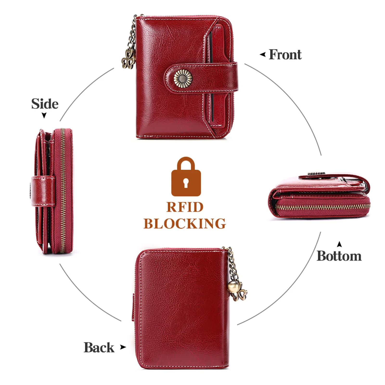 High Quality Genuine Leather Wallet for Women Short Zipper Cowhide Card Holder with Chain Cute Small Coin Purse Female Money Bag