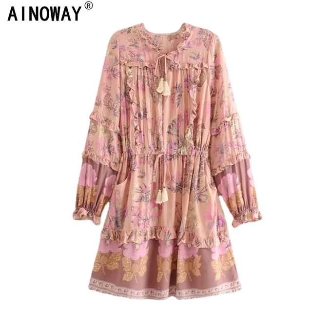 Vintage Chic Women Floral Print Long Sleeve Tie Neck Ruffled Beach Bohemian Dresses Elegant Rayon Cotton Mini Boho Dress Vestido 1