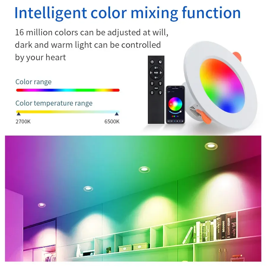 Smart Bluetooth LED Downlight, 10W, Dimmable RGB, App & RF Remote Control