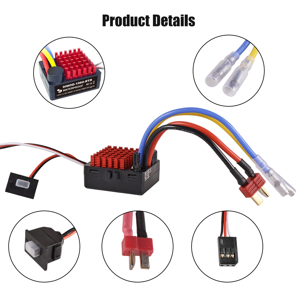 9IMOD 1060 RTR 60A ESC 브러시드 전자 속도 컨트롤러, 2-3S LiPo 방수 BEC 6V3A, 1/10 축 SCX10 TRX4 TRX6 D90 HPI용