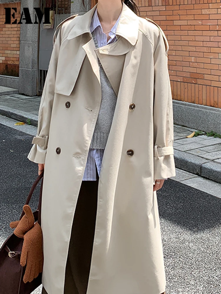 

[EAM] Women Khaki Big Size Elegant Trench New Lapel Long Sleeve Loose Fit Windbreaker Fashion Tide Spring Autumn 2024 1DH2314