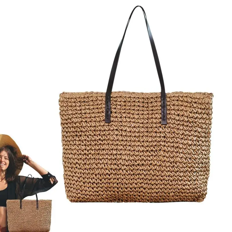 

Summer Handwoven Straw Beach Tote Bags For Women Vintage Handbag Basket Rattan Vacation Shoulder Bag With Zipper For Girls