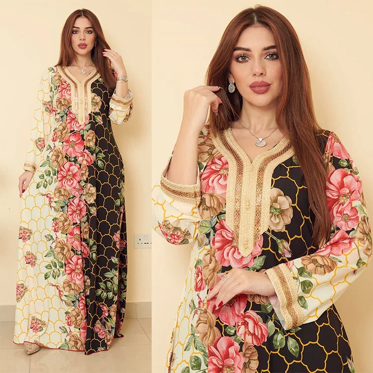 Chic Ethnic Floral Maxi Dress for Women Tape Hotfix Diamond Trim V Neck Long Sleeve Loose Arab Oman Dubai Muslim Abaya