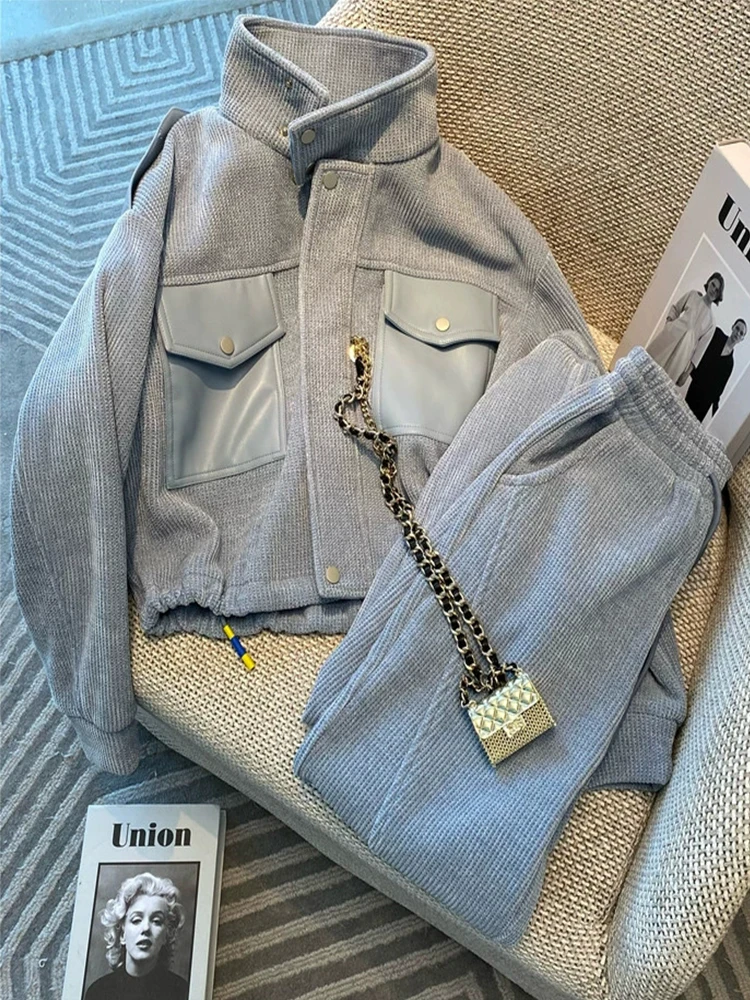 

Grey Sports Fashion Two Piece Set For Women Autumn 2023 Korean Vintage Stand Collar Zipper Sweatshirt Coat+Casual Pants Suit