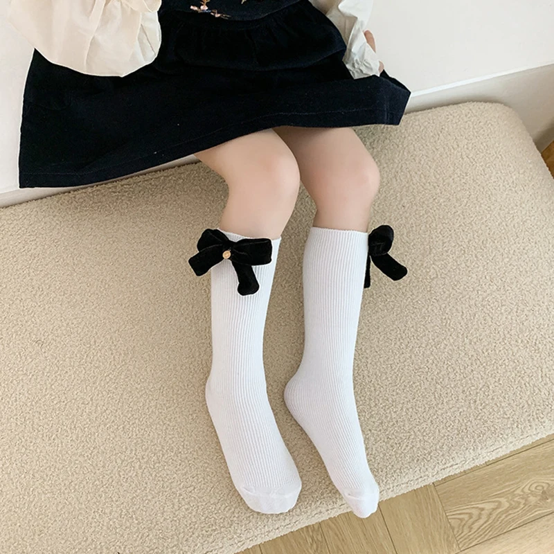 Cute Kids Girls Calf Stockings Retro European Style Bowknot Calf Socks for Toddler Girl Spring Autumn Cotton Kids School Socks