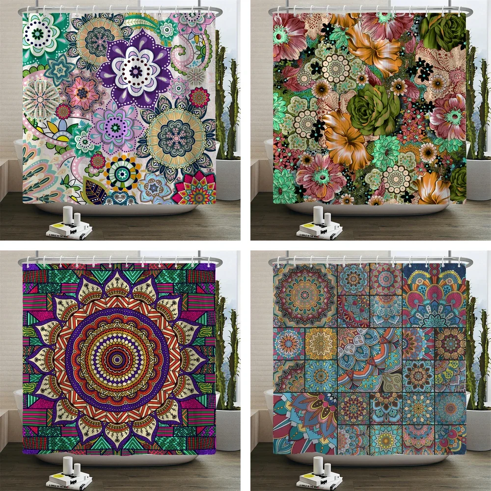 

Boho Floral Shower Curtains Mandala Vintage Fashion Ethnic Style Bath Curtain Polyester Fabric Home Bathroom Decor with Hooks