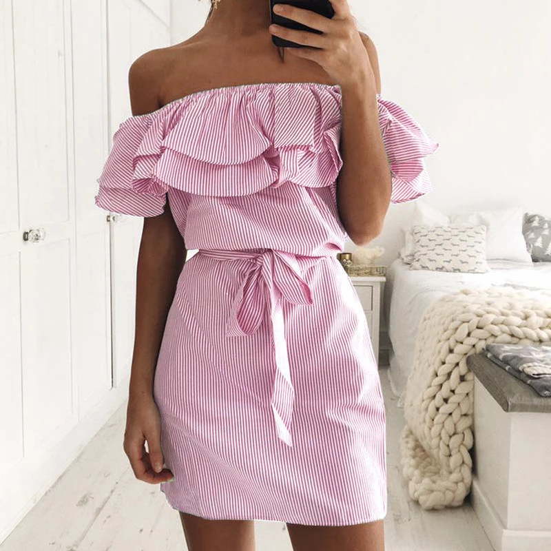 

Women Off-Shoulder Stripe A-line Bandage Bow Elegant Dresses 2021 Summer Fashion Casual Ruffles Floral Print Dress for Female