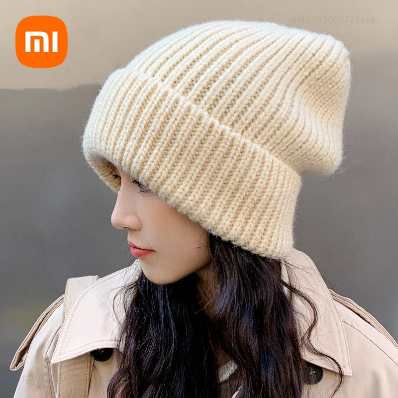 

Осенне-зимние шапки Xiaomi для женщин шерстяная плотная вязаная шапка многослойная теплая плотная вязаная шапка однотонная уличная шапка для девочек