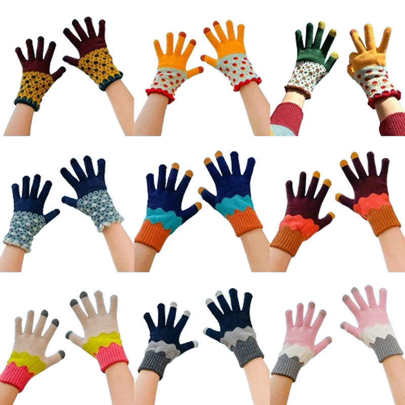 

1 пара зимние теплые велосипедные перчатки креативные ветрозащитные трикотажные перчатки с закрытыми пальцами для женщин велосипедные перчатки с цветочным принтом для сенсорных экранов