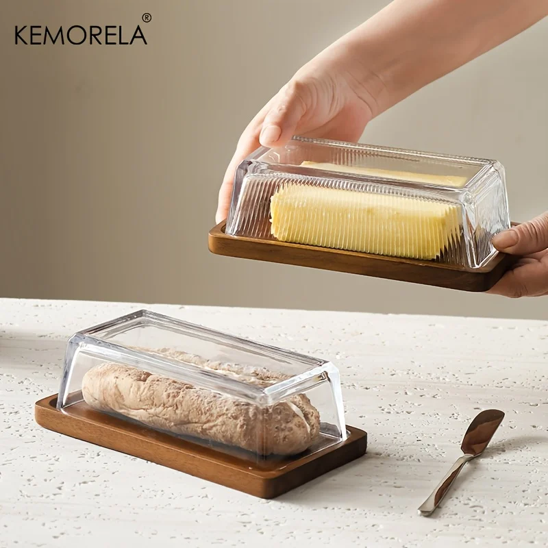 Creative Rectangular Wooden Tray with Glass Cover Cheese Butter Plate Dessert Bread Dim Sum Storage Box Tableware for Home