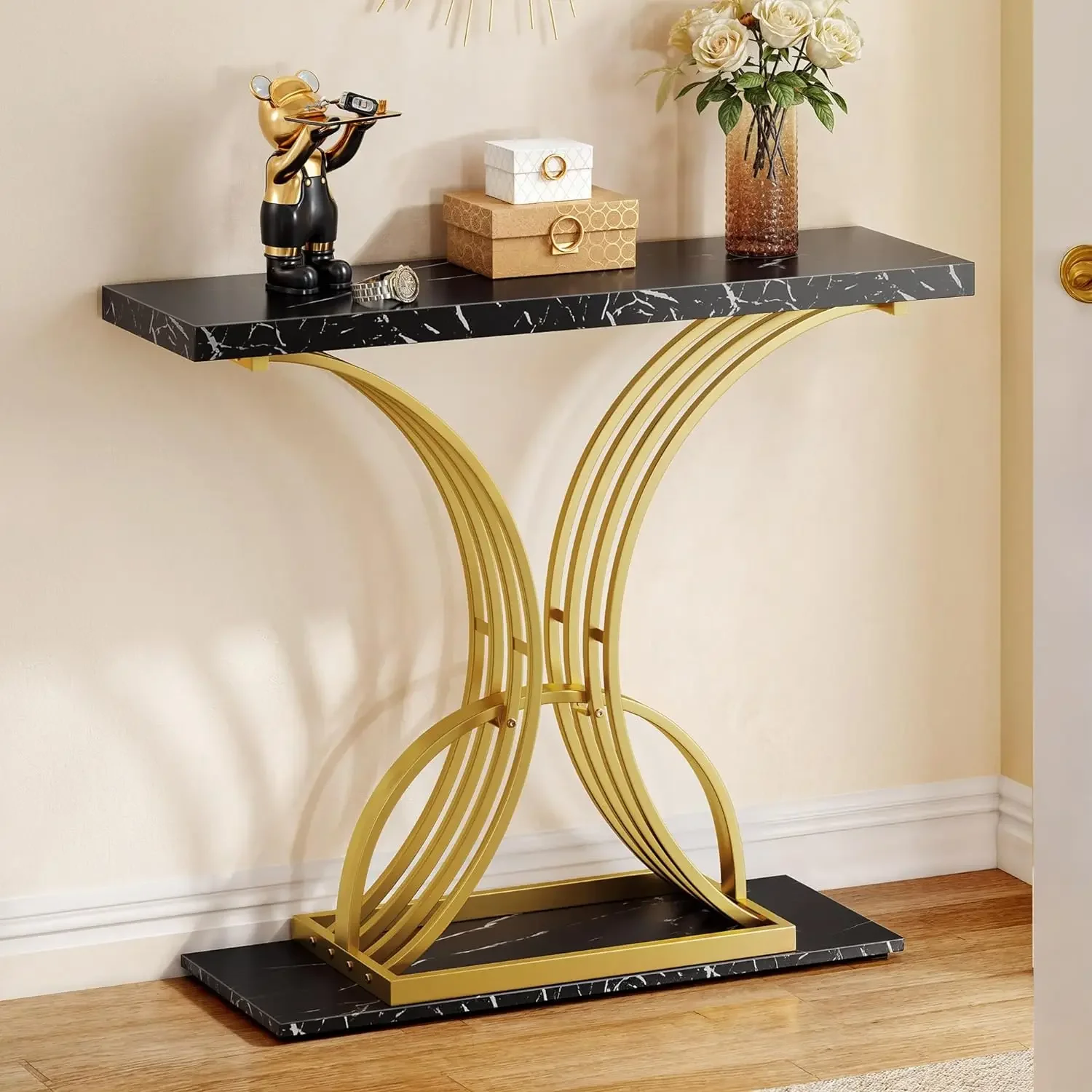 

Gold Console Table, Modern Sofa Table for Living Room, Hallway, 40 inch Narrow Entryway Table, Faux Marble Black