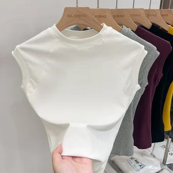 AOSSVIAO 2025 المرأة بلون محبوك تي شيرت قمة الموضة ليتل تحلق كم تي شيرت مثير بلايز الصيف بلا أكمام تيز 3