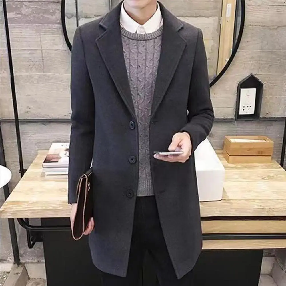 

Wool Coat Stylish Men's Lapel Mid Length Cardigan Solid Color Business Formal Coat for Fall Winter Lapel Collar Coat