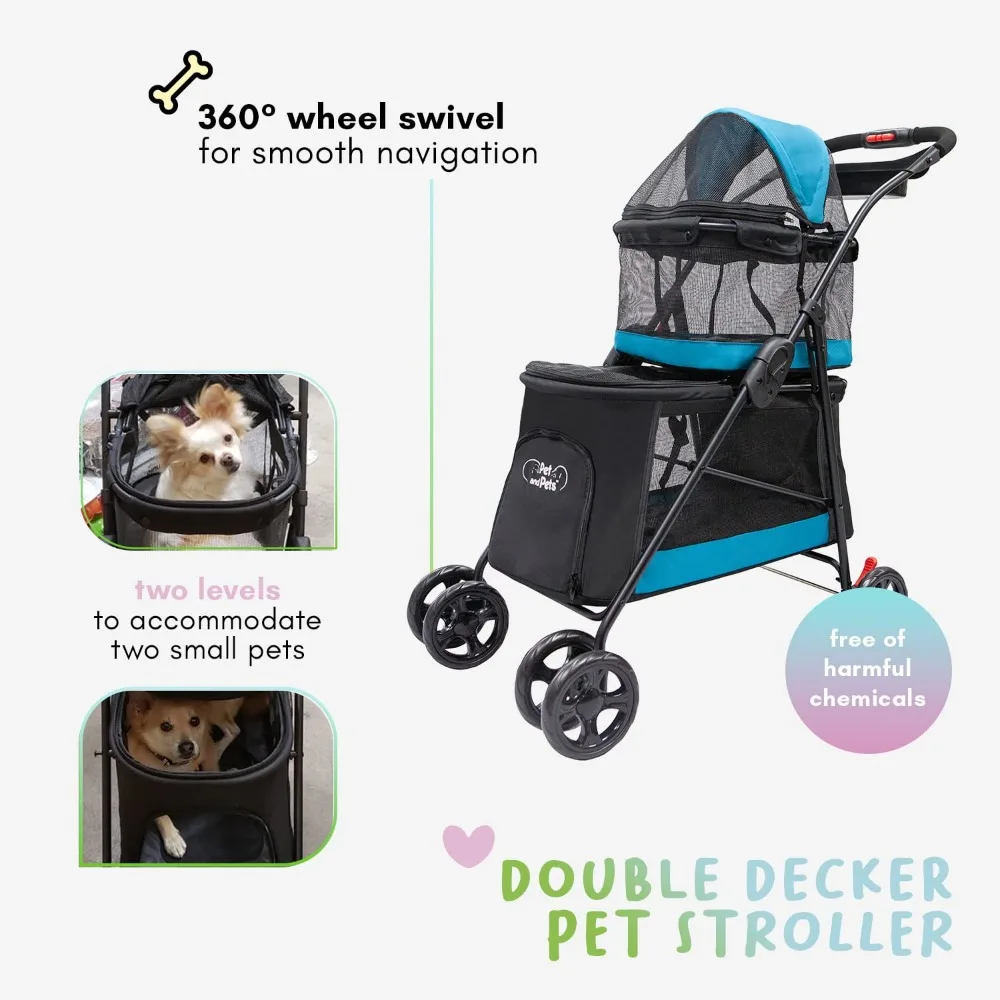 Double Decker Pet Stroller-Black: Dual Bassinets for Multiple Pets, Removable Pee Pads, Adjustable Leashes, Mesh Windows,