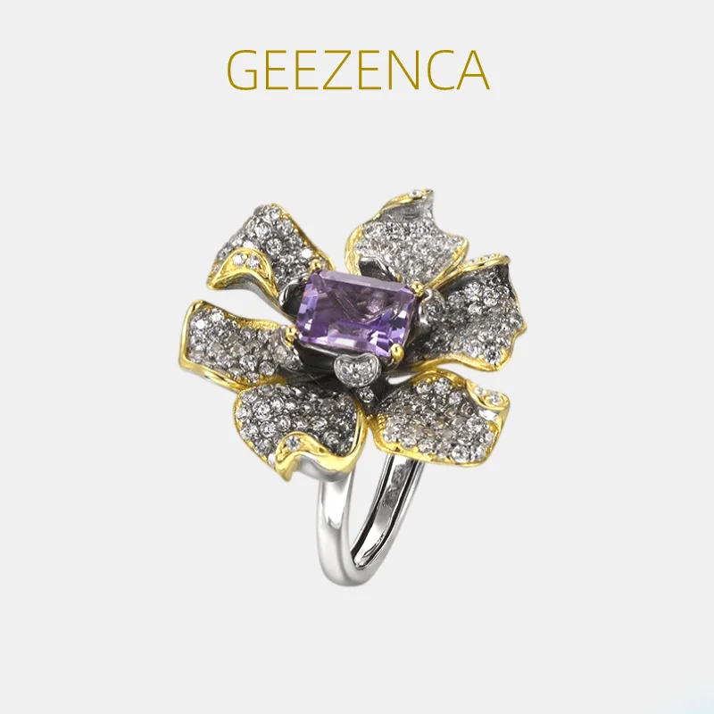 

GEEZENCA Natural Amethyst S925 Silver Two Tone Zircon 3D Flower Rings For Women Designer Chic Luxury Cocktail Ring 2023 New Gift