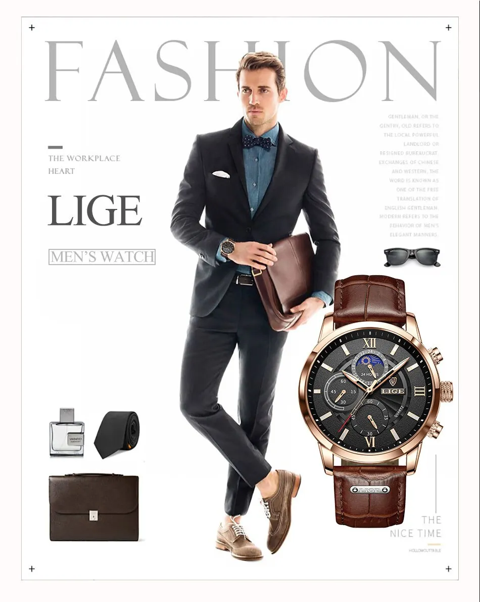 Lige Luxury Brown Leather Casual Quartz Wristwatch for Men | Diversi