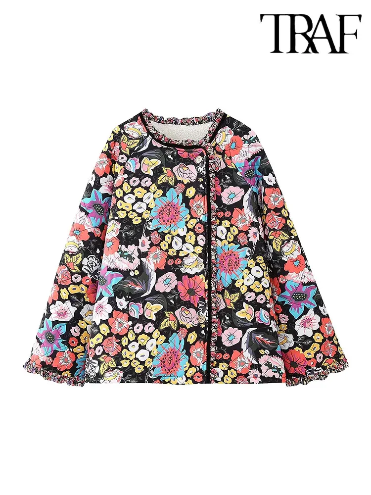 

TRA 2023 Autumn Winter Floral Print Oversize Women Parkas Faux Lambswool Long Sleeve Loose Jacket Female Top Cotton Coat